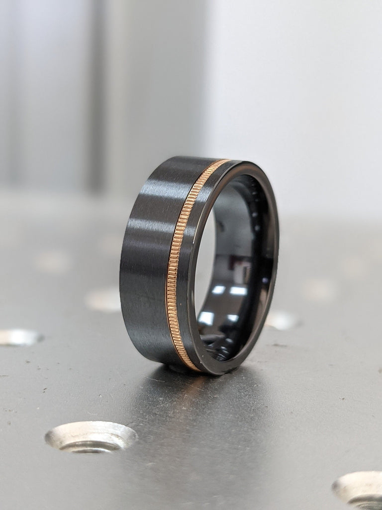 Unique Men's Wedding Band Black Zirconium Rose Gold Stripe Ring Rose Gold Black Zirconium Ring Black Zirconium Wedding Band, Men's Wedding