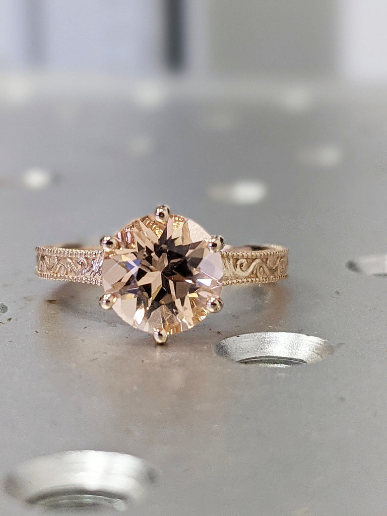 Rose Gold Vintage Morganite Solitaire Ring, Morganite Ring, Antique Design, Squared Milgrained Edges, Basket Setting