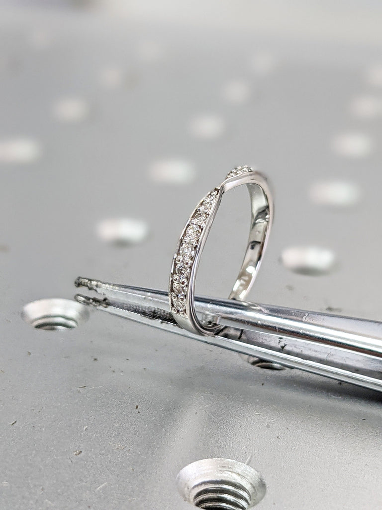 Bow Tie Shaped Diamond Wedding Band, 14k White Gold, Prong Channel Set Diamonds, 1/2 Eternity, Vintage Style, Pinched Center, Diamond Band