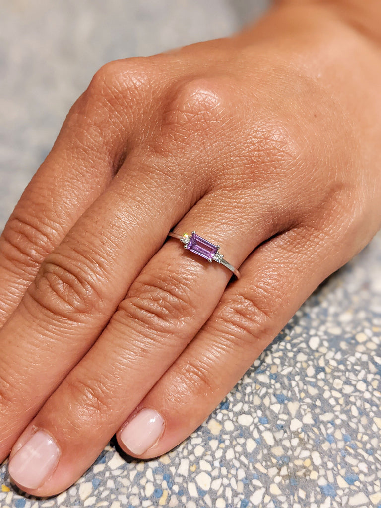 14K Alexandrite Baguette Ring, Three Stone Ring, Stacking Ring, Rectangle Stone, Alexandrite Diamond Ring, Color Changing Stone