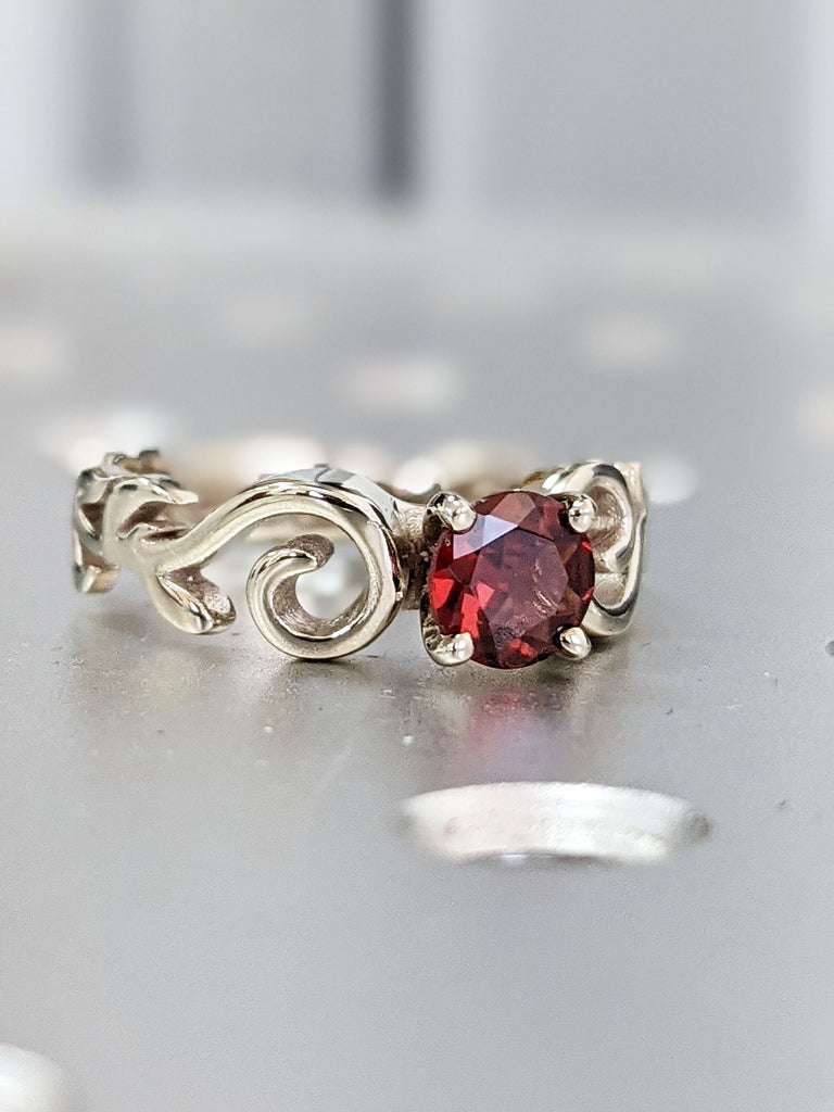 Vintage Ruby Engagement Ring 14k white gold, high profile prongs, Leaves Ring Ruby Ring, Ruby Engagement Ring Leaf, Nature Ring