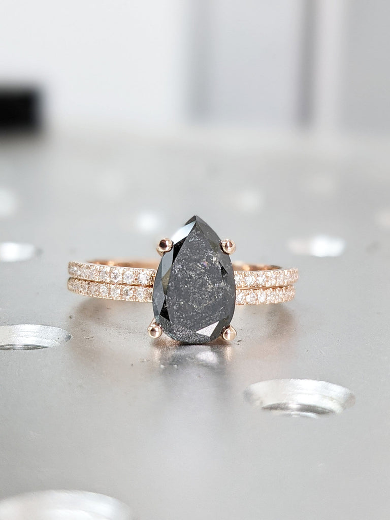 1.5ct 1920's Raw Salt and Pepper Diamond, Pear Diamond Ring, Unique Engagement Bridal Set, Black, Gray Pear, 14k Yellow, Rose, or White Gold