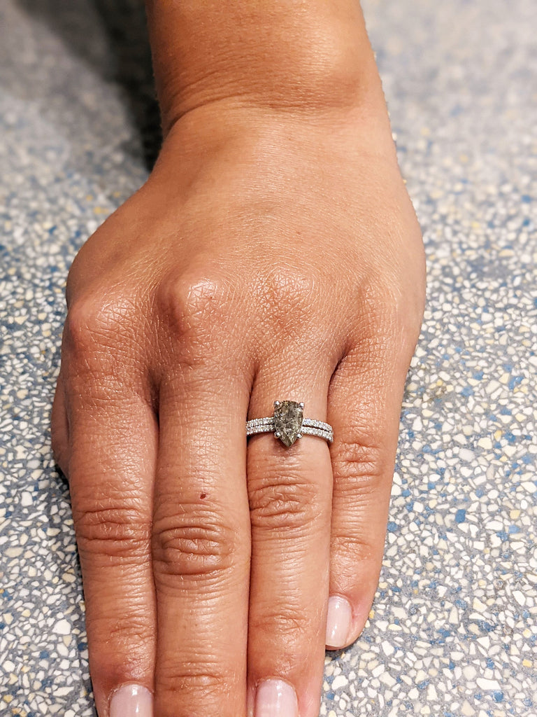 1920's Raw Salt and Pepper Diamond, Pear Diamond Ring, Unique Engagement Bridal Set, Black, Gray Pear, 14k Yellow, Rose, or White Gold