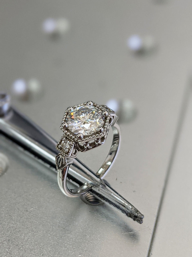 Vintage moissanite engagement ring 14k white gold diamond Art deco wedding ring diamond Vintage Filigree Ring engagement anniversary promise