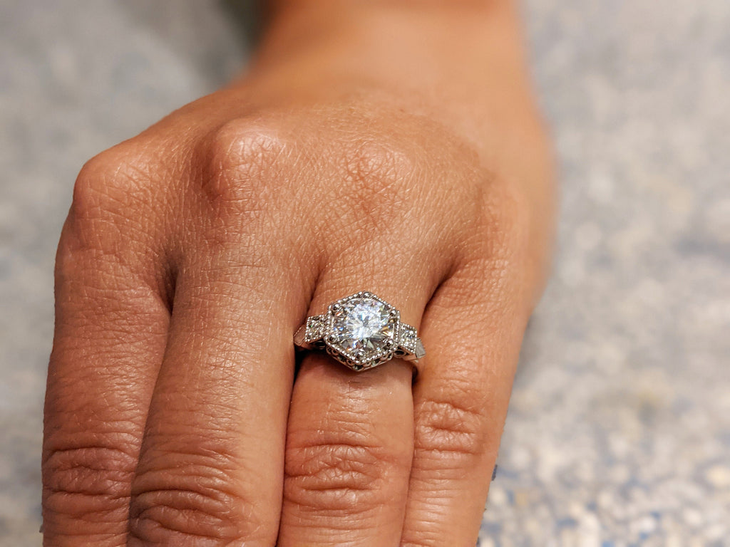Vintage moissanite engagement ring 14k white gold diamond Art deco wedding ring diamond Vintage Filigree Ring engagement anniversary promise