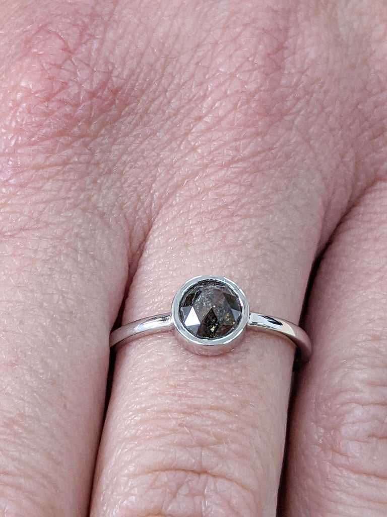 Raw Diamond, Unique Engagement, Salt and Pepper, Black diamond, Rose Cut, Bezel setting, Simple Alternative, Custom Handmade Diamond Ring