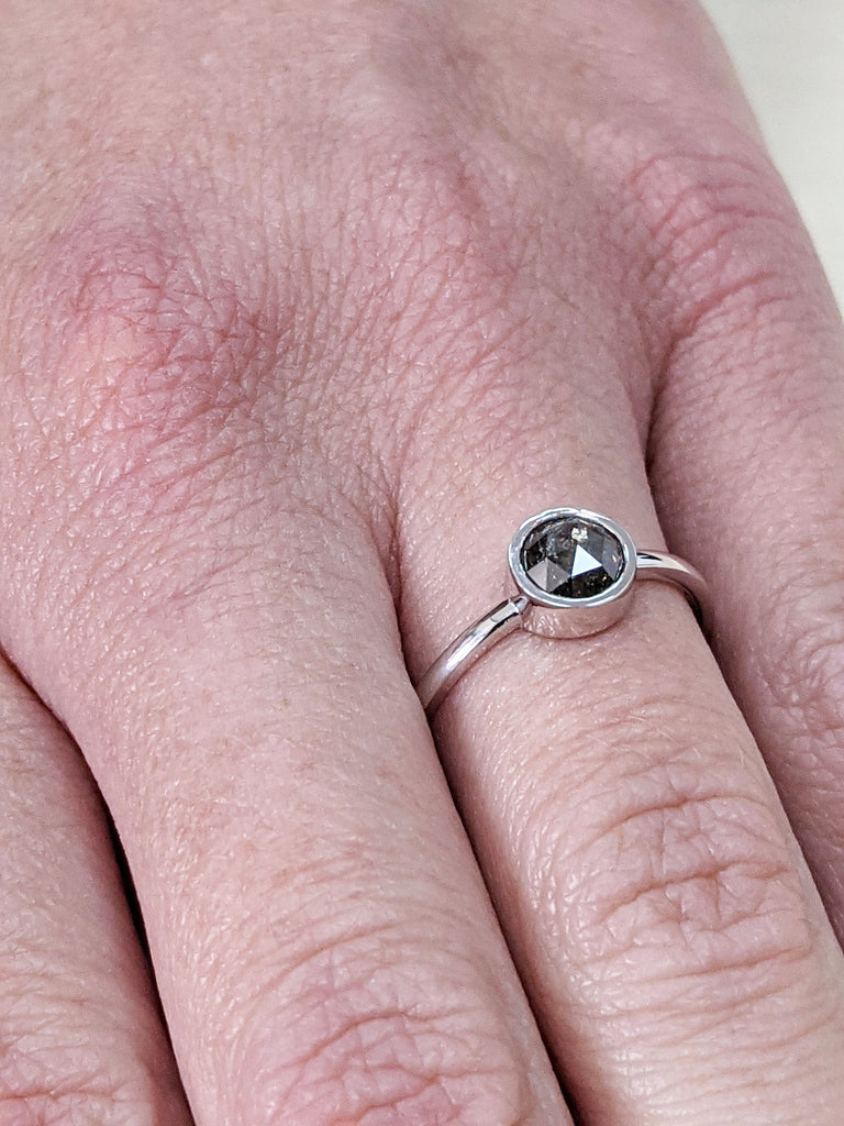 Raw Diamond, Unique Engagement, Salt and Pepper, Black diamond, Rose Cut, Bezel setting, Simple Alternative, Custom Handmade Diamond Ring