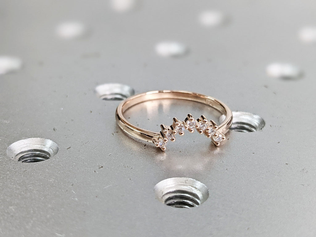 Diamond wedding band Rose gold Curved wedding band Women Chevron Unique Bridal Jewelry Matching Stacking Promise Anniversary gift for her