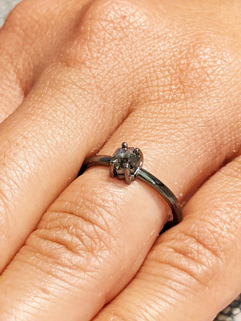 Black Raw Diamond, Salt and Pepper, Hexagon, Unique Engagement Ring, Rose Cut Geometric Diamond Ring, 14k Gold, Custom Handmade