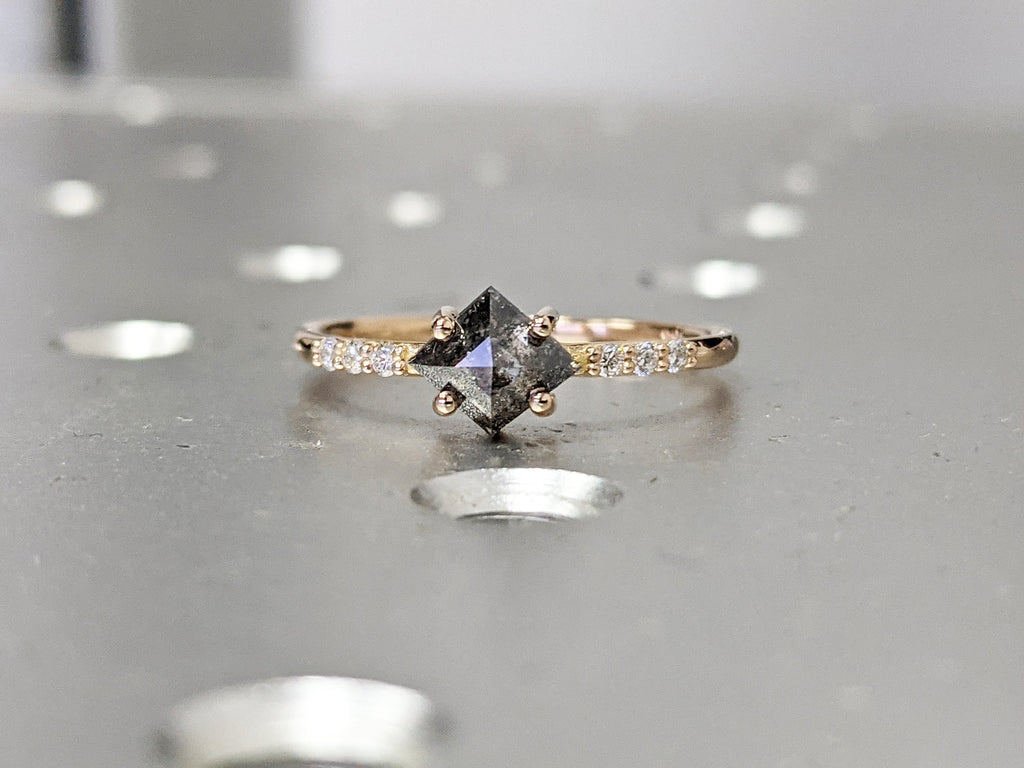 18K Rose Gold Alternative Diamond Engagement Ring Salt And Pepper Diamond, Kite Diamond Ring, Unique Salt Pepper Diamond Ring