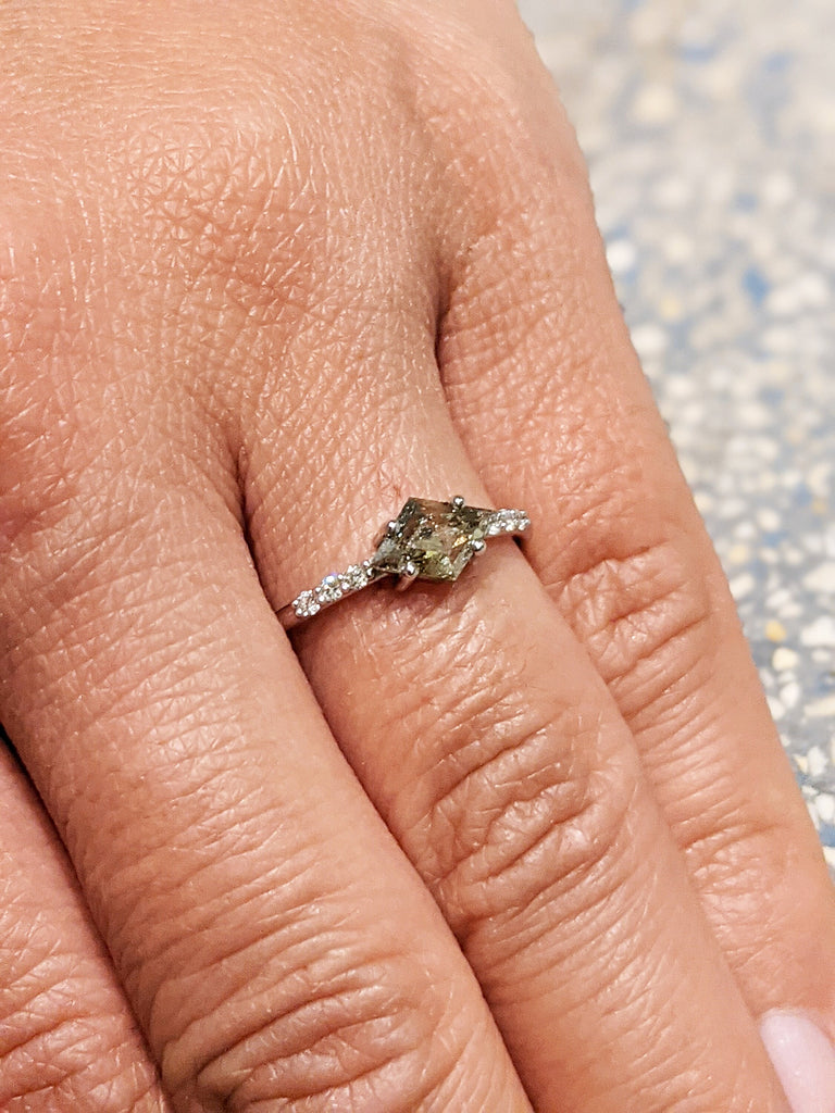 14K White Gold Alternative Diamond Engagement Ring Salt And Pepper Diamond, Kite Diamond Ring, Unique Salt Pepper Diamond Ring