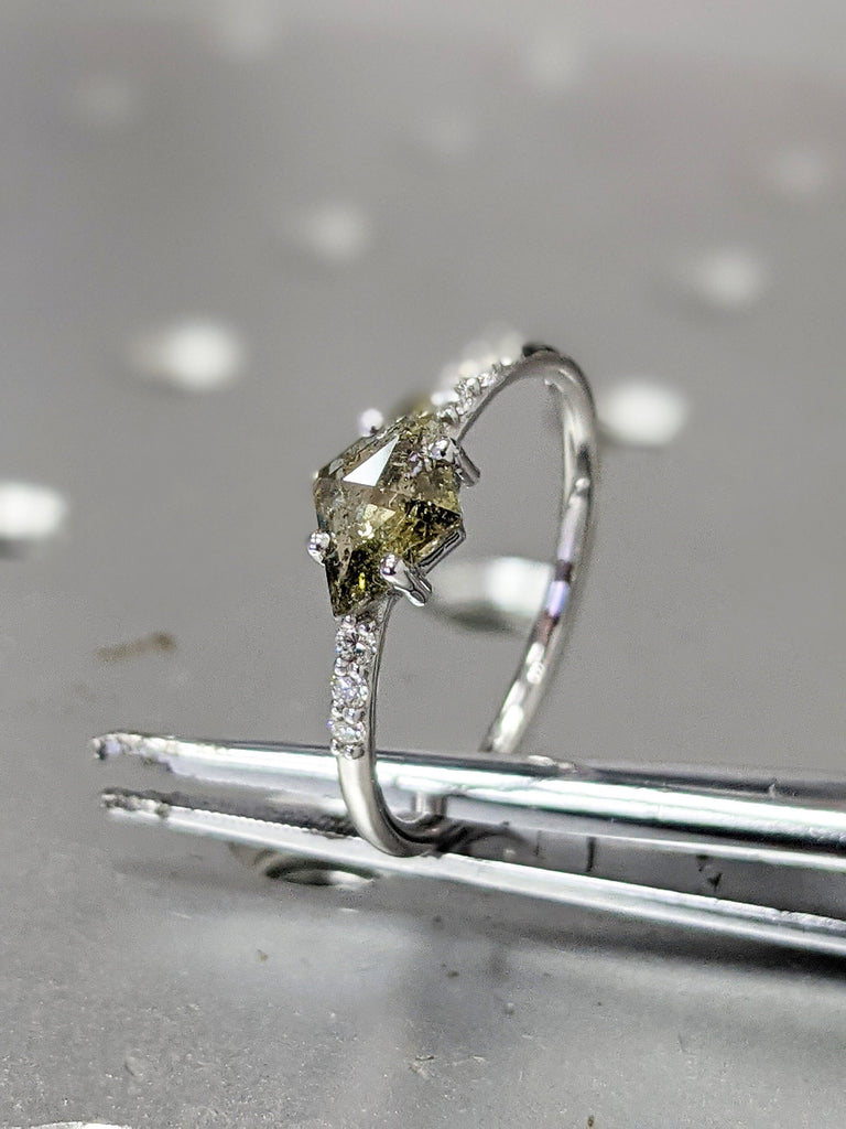 14K White Gold Alternative Diamond Engagement Ring Salt And Pepper Diamond, Kite Diamond Ring, Unique Salt Pepper Diamond Ring