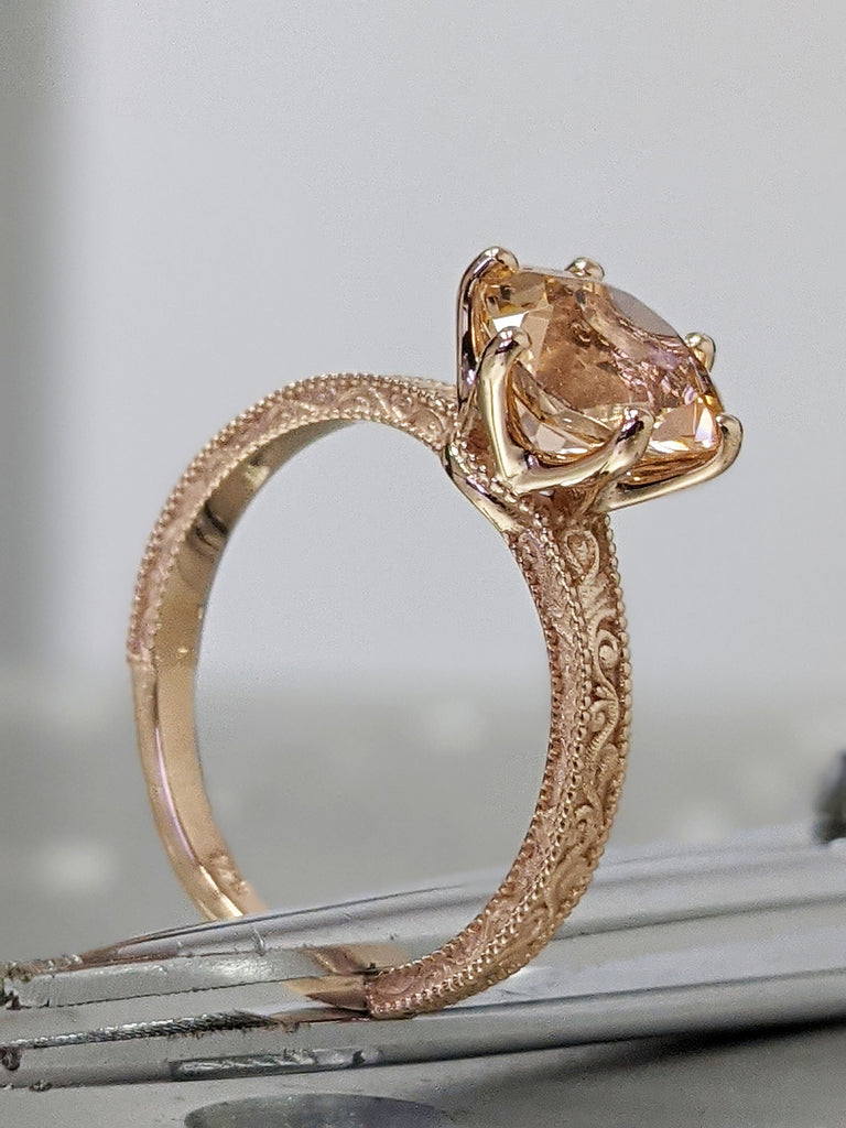 Rose Gold Vintage Morganite Solitaire Ring, Morganite Ring, Antique Design, Squared Milgrained Edges, Basket Setting