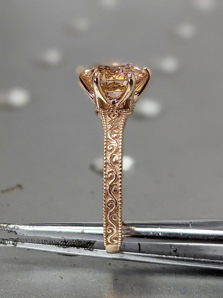 Rose Gold Vintage Morganite Solitaire Ring, Morganite Ring, Antique Design, Squared Milgrained Edges, Basket Setting