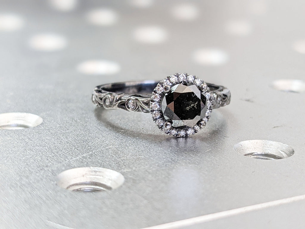 Salt & pepper diamond ring, Grey diamond engagement ring, Natural diamond cluster, Round Cut Halo Engagement Ring Solid 14k Black Gold