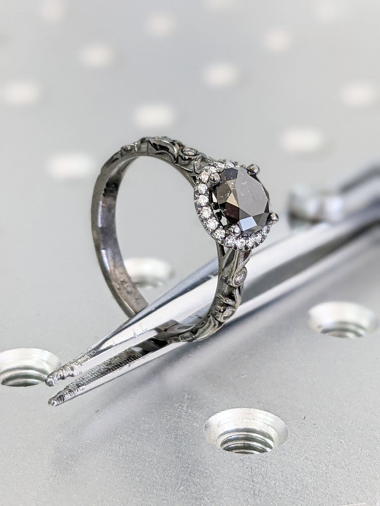 Salt & pepper diamond ring, Grey diamond engagement ring, Natural diamond cluster, Round Cut Halo Engagement Ring Solid 14k Black Gold