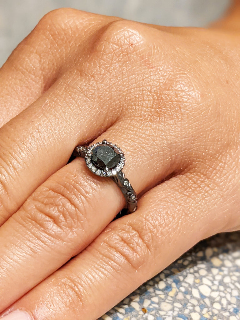 Salt & pepper diamond ring, Grey diamond engagement ring, Natural diamond cluster, Round Cut Halo Engagement Ring Solid 14k Black Gold