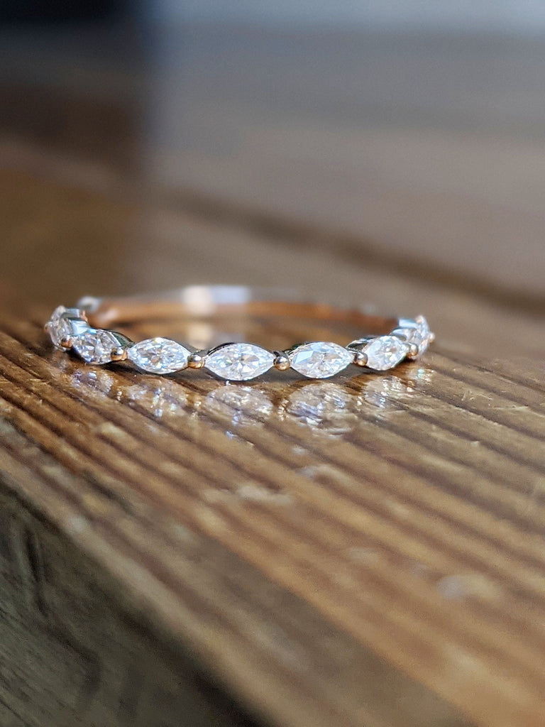 Half eternity wedding band women Moissanite wedding band Rose gold vintage Marquise cut diamond stacking matching Unique Bridal Gift for her