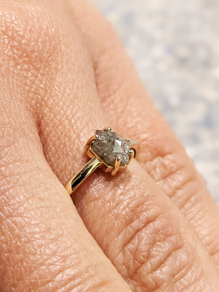 Bright 0.5ct Raw Diamond, Salt and Pepper, Hexagon, Unique Engagement Ring, Rose Cut Geometric Diamond Ring, 14k Gold, Custom Handmade