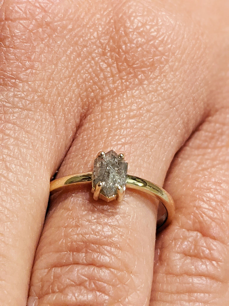 Bright 0.5ct Raw Diamond, Salt and Pepper, Hexagon, Unique Engagement Ring, Rose Cut Geometric Diamond Ring, 14k Gold, Custom Handmade