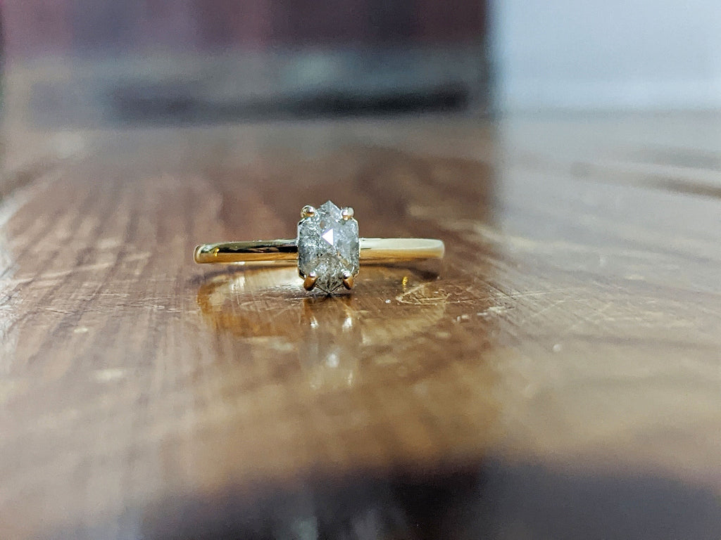 Bright 0.5ct Raw Diamond, Salt and Pepper, Hexagon, Unique Engagement Ring, Rose Cut Geometric Diamond Ring, 14k Gold, Custom Handmade