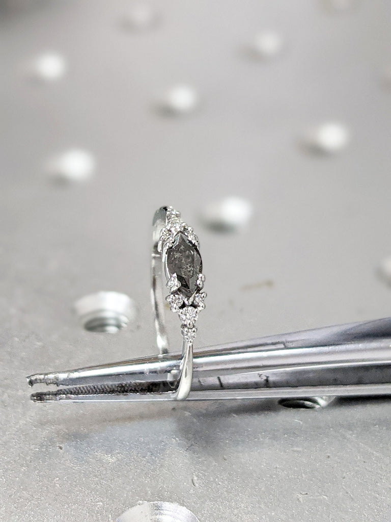 Marquise Salt and Pepper Diamond Wedding Ring, Unique Diamond Wedding Band, Wedding Engagement Ring, Minimalist Diamond Ring