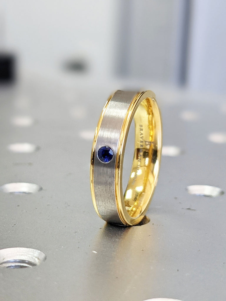 Mens Wedding Bands, 14k Yellow Gold Band, Titanium Band, Blue Sapphire Band, Blue Sapphire Ring, Satin Brushed Stepped Edges