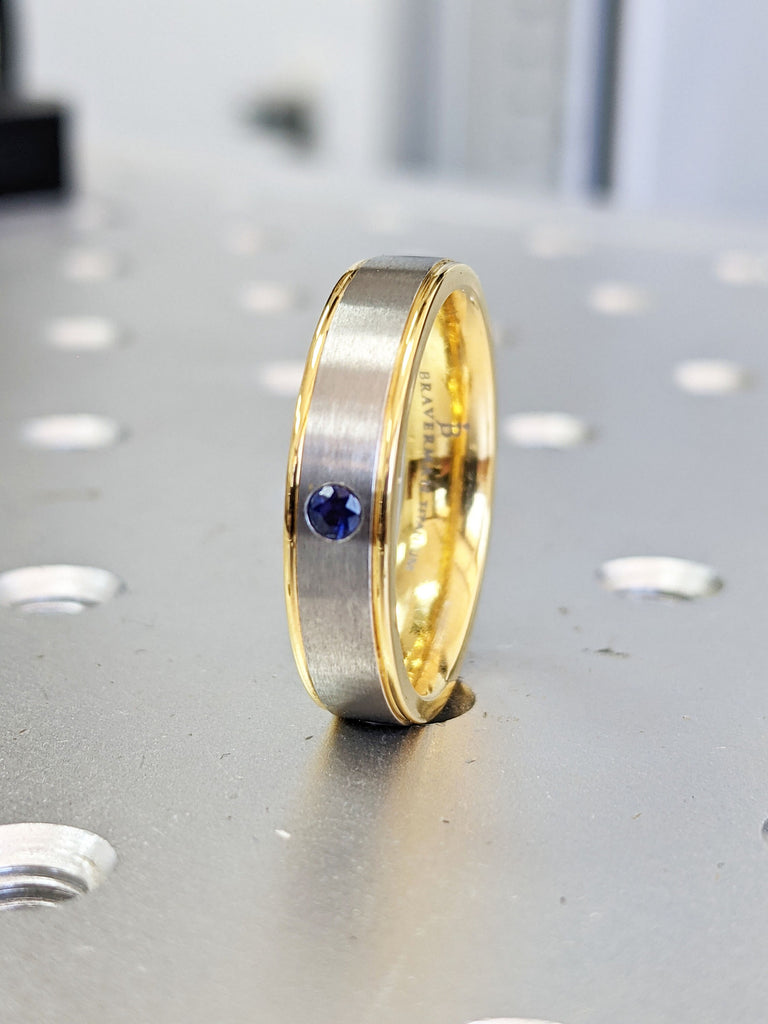 Mens Wedding Bands, 14k Yellow Gold Band, Titanium Band, Blue Sapphire Band, Blue Sapphire Ring, Satin Brushed Stepped Edges