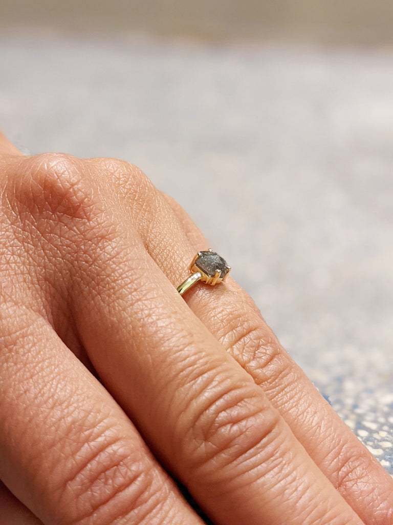 Raw Diamond, Salt and Pepper, Hexagon, Unique Engagement Ring, Rose Cut Geometric Diamond Ring, 14k Gold, Custom Handmade