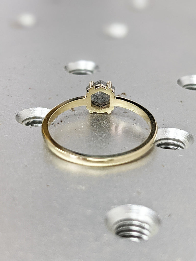 Raw Diamond, Salt and Pepper, Hexagon, Unique Engagement Ring, Rose Cut Geometric Diamond Ring, 14k Gold, Custom Handmade