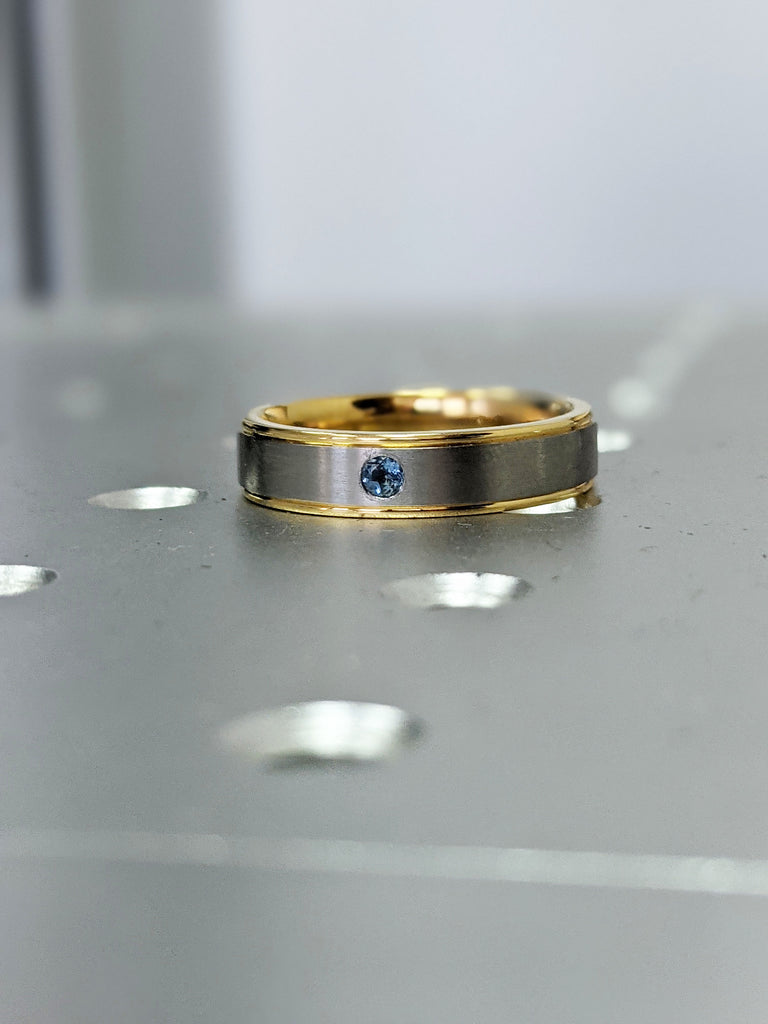 Mens Wedding Bands, 14k Yellow Gold Band, Titanium Band, Aquamarine Band, Aquamarine Ring, Satin Brushed Stepped Edges