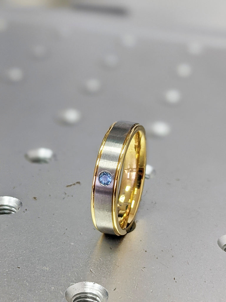 Mens Wedding Bands, 14k Yellow Gold Band, Titanium Band, Aquamarine Band, Aquamarine Ring, Satin Brushed Stepped Edges