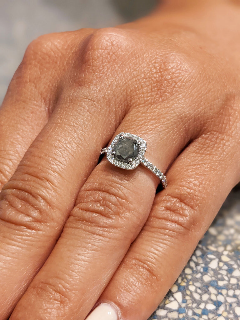 Raw Salt And Pepper Diamond Ring White Gold French Pave Salt And Pepper Diamond Halo Engagement Ring (1/3 Ct. Tw.)French Pave,Pave Halo,Nala