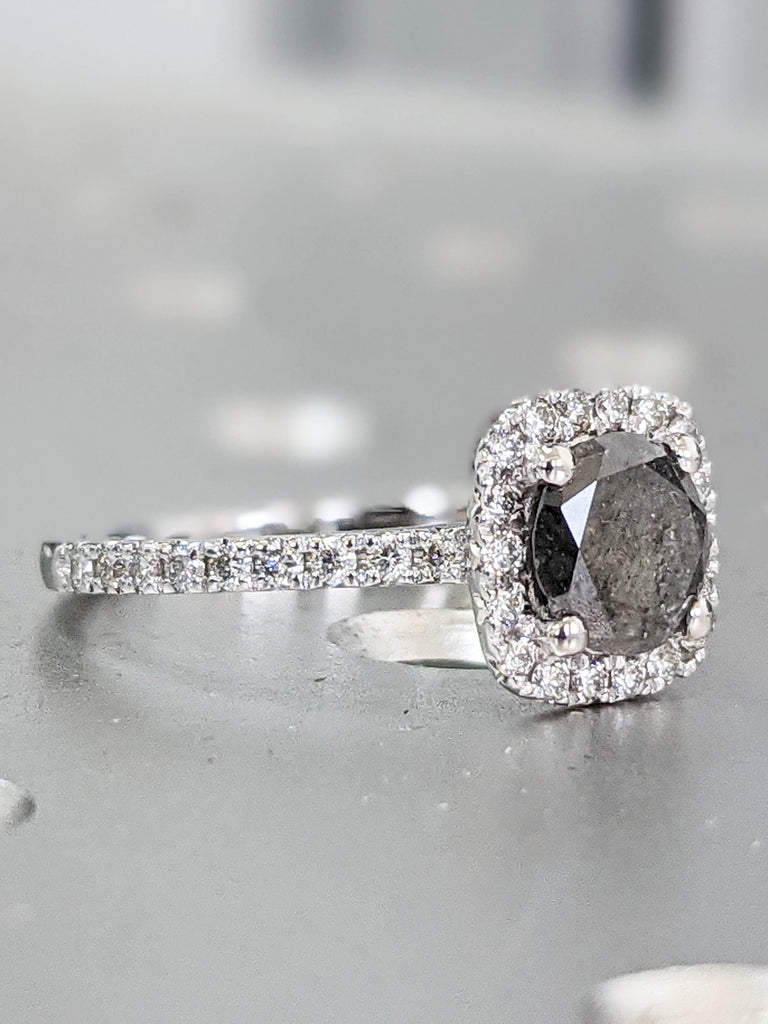 Raw Salt And Pepper Diamond Ring White Gold French Pave Salt And Pepper Diamond Halo Engagement Ring (1/3 Ct. Tw.)French Pave,Pave Halo,Nala