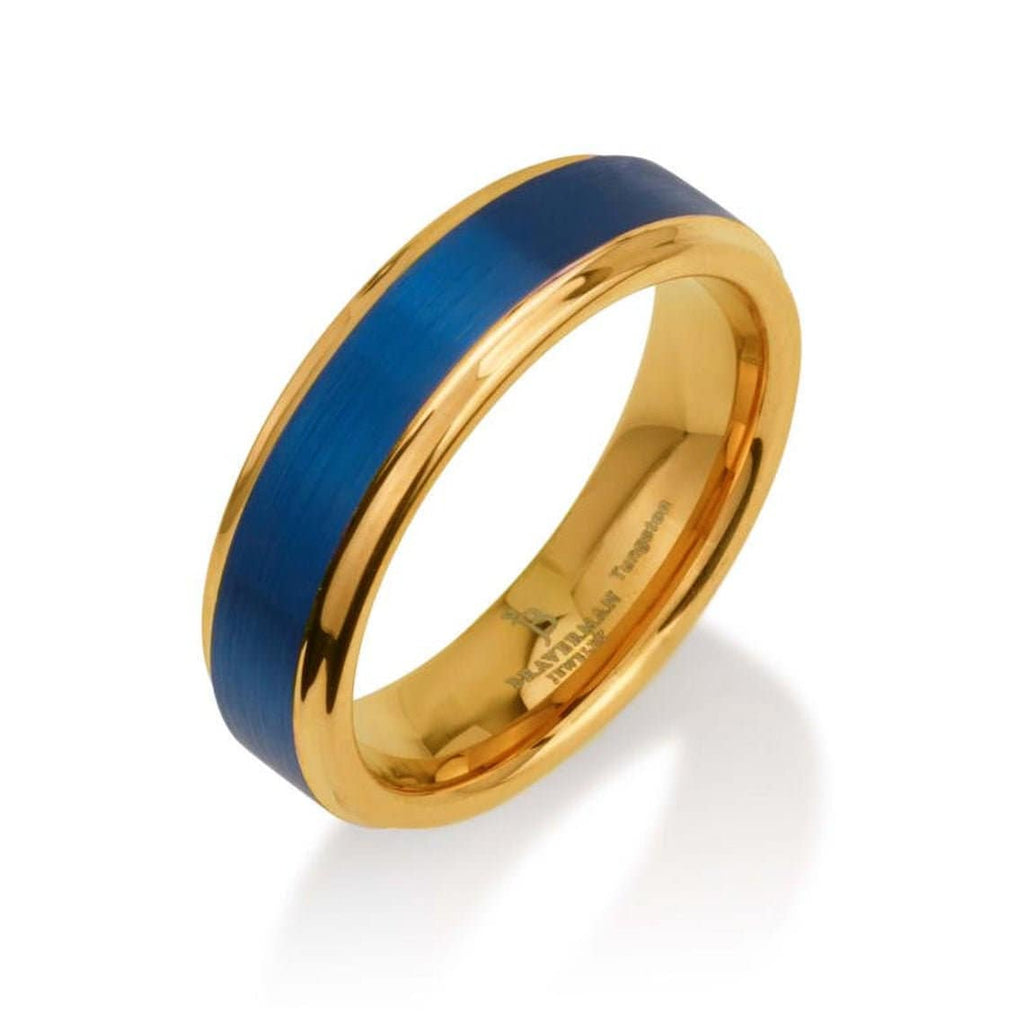 Blue Tungsten Ring For Men, Blue Tungsten Wedding Ring, Blue And Yellow Gold Ring, Yellow Gold Band With Blue, Wedding Band Yellow Gold