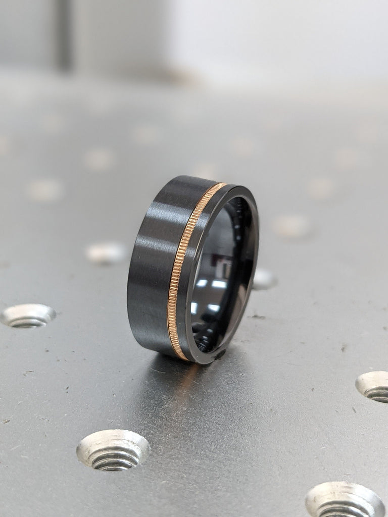 Unique Men's Wedding Band Black Zirconium Rose Gold Stripe Ring Rose Gold Black Zirconium Ring Black Zirconium Wedding Band, Men's Wedding