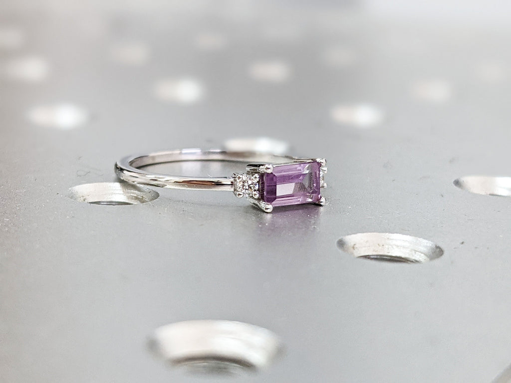 14K Alexandrite Baguette Ring, Three Stone Ring, Stacking Ring, Rectangle Stone, Alexandrite Diamond Ring, Color Changing Stone