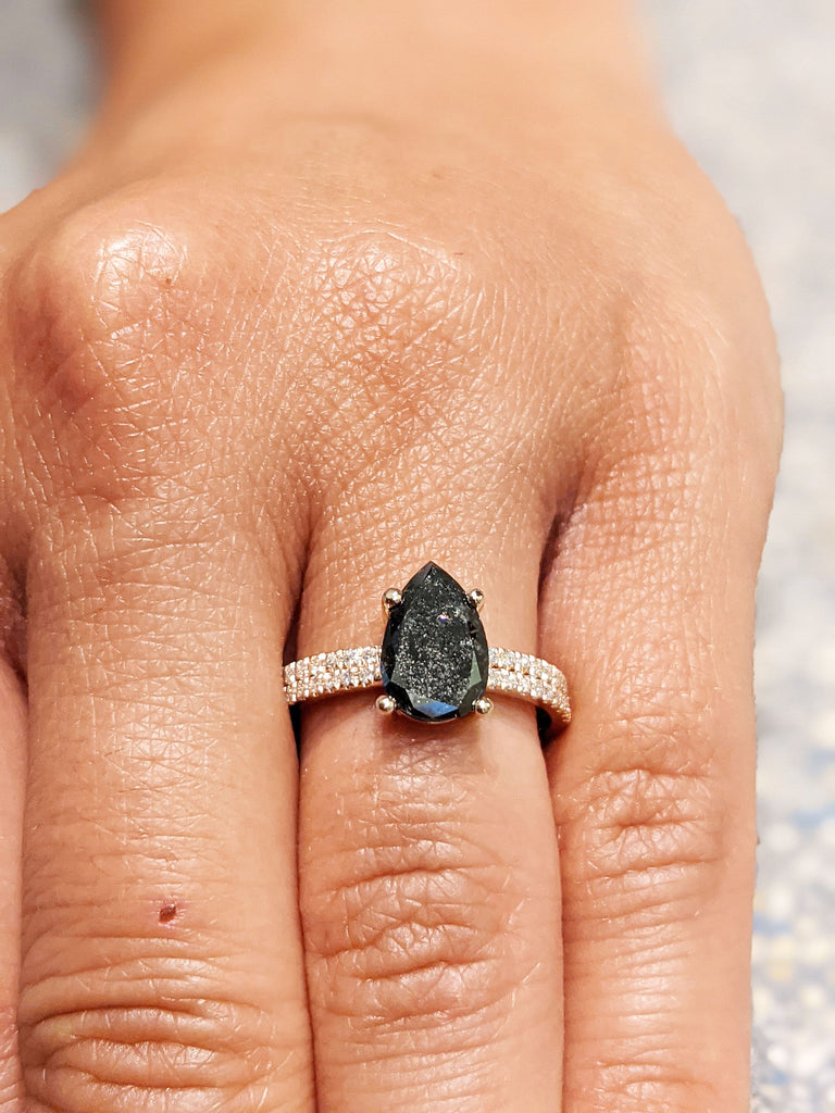 1.5ct 1920's Raw Salt and Pepper Diamond, Pear Diamond Ring, Unique Engagement Bridal Set, Black, Gray Pear, 14k Yellow, Rose, or White Gold