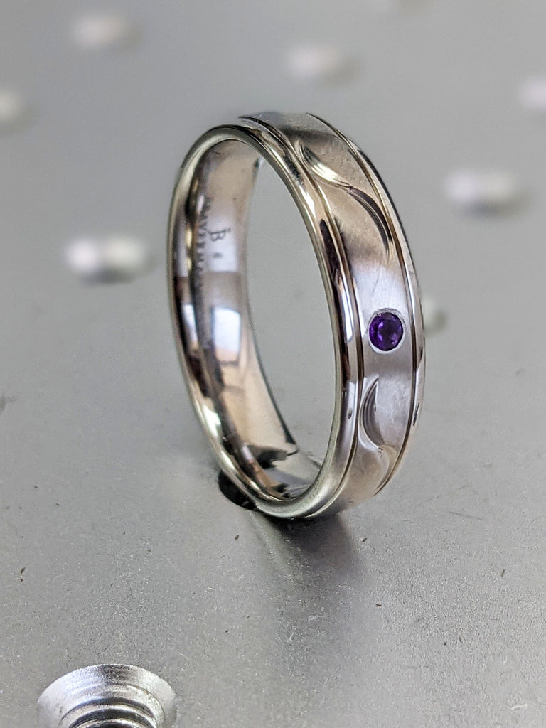 Amethyst Womens Titanium Wedding Band, Comfort Fit, Shiny Polish,Brushed Polish, Grooved, Two Tone,Wedding Ring, Wedding Band,Hers