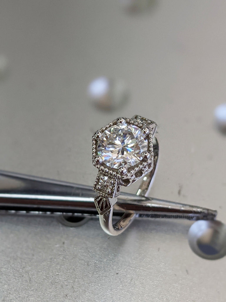 Vintage moissanite engagement ring 14k white gold diamond Art deco wedding ring diamond Vintage Filigree Ring engagement anniversary promise