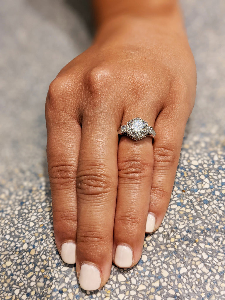 Vintage moissanite engagement ring 14k white gold diamond Art deco wedding ring diamond Vintage Filigree Ring engagement anniversary promise