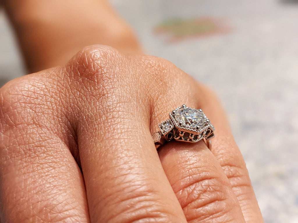 Vintage moissanite engagement ring 14k white gold diamond Art deco wedding ring diamond Vintage Filigree Ring engagement anniversary promise