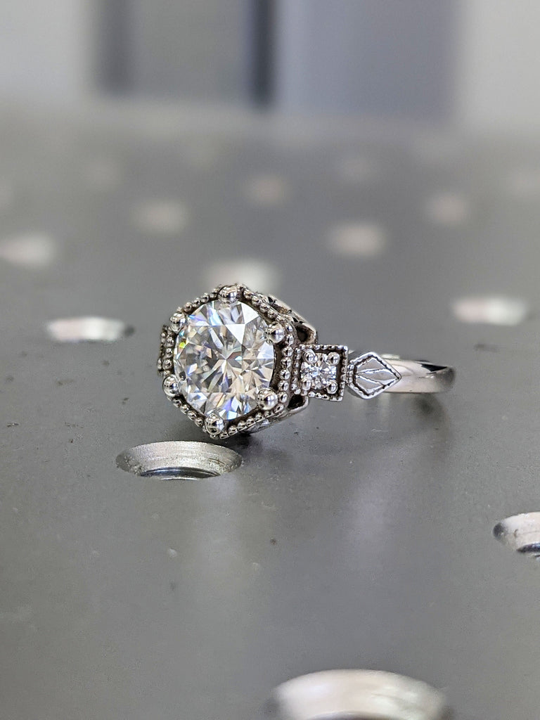 Vintage moissanite engagement ring 14k white gold diamond Art deco wedding ring diamond Vintage Filigree Ring engagement anniversary promise