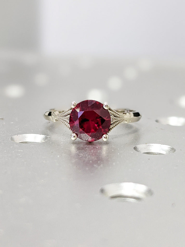 Vintage Ruby Engagement Ring 14k white gold, Ruby Engagement Ring, Antique Round cut Bridal ring | Art deco Ring Milgrain wedding ring