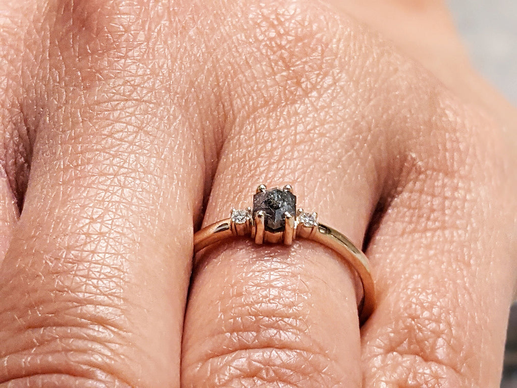 Raw Diamond, Salt and Pepper, Hexagon, Unique Engagement Ring, Rose Cut Geometric Diamond Ring, 14k Gold, Custom Handmade