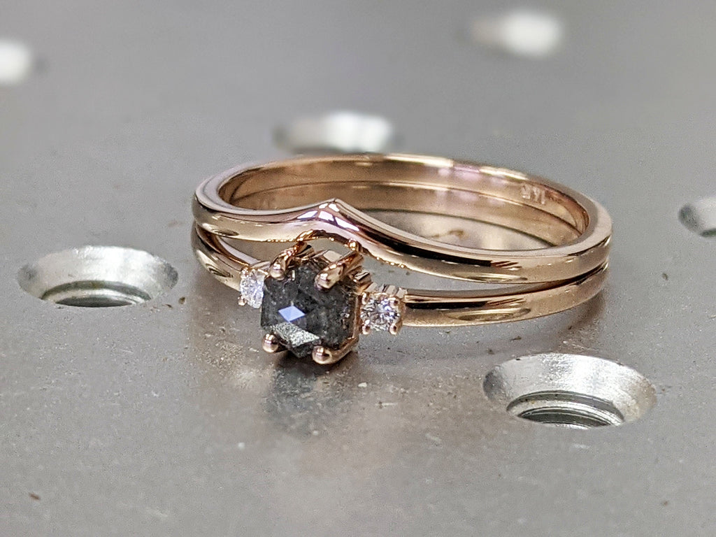 Natural Grey Diamond Wedding Ring in White Gold, Rose Gold Salt and Pepper, Unique 3 Stone Engagement Rings, Salt & Pepper Diamond