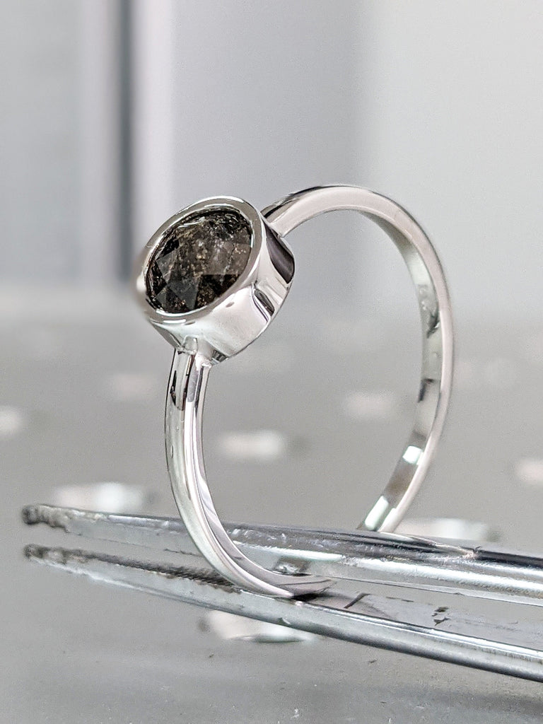 Raw Diamond, Unique Engagement, Salt and Pepper, Black diamond, Rose Cut, Bezel setting, Simple Alternative, Custom Handmade Diamond Ring