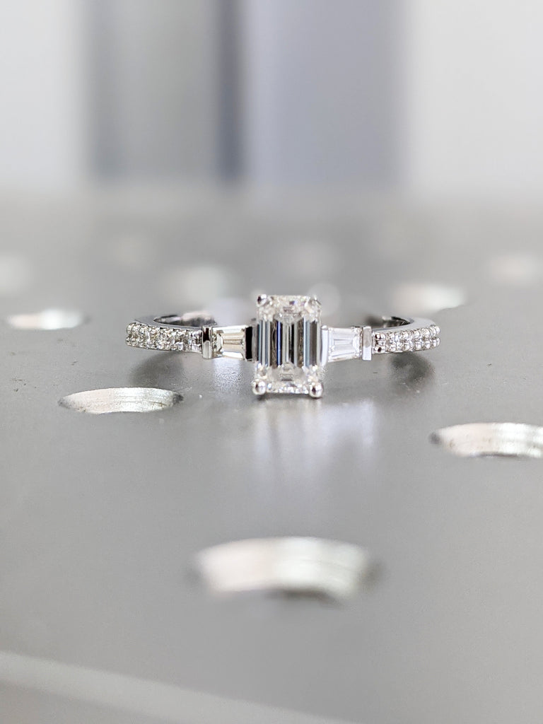 0.5ct Emerald Cut Engagement Ring, Emerald Cut Ring, Baguette Engagement Ring, Half Eternity Diamond Ct Solid 14k Gold Moissanite Engagement