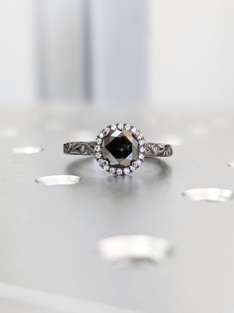 Salt & pepper diamond ring, Grey diamond engagement ring, Natural diamond cluster, Round Cut Halo Engagement Ring Solid 14k Black Gold