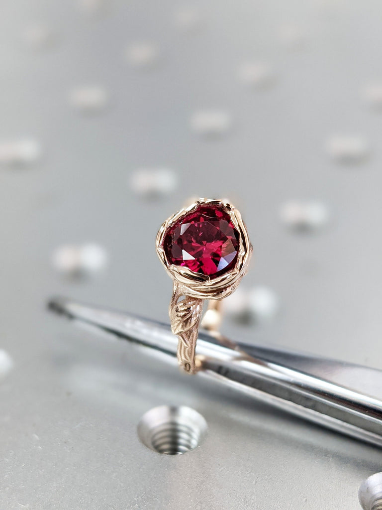 Ruby Flower Ring, Ruby Ring Rose Gold, Ruby Ring Band, Vintage Ruby Ring 14k Rose Gold Abelia Ruby Engagement Ring